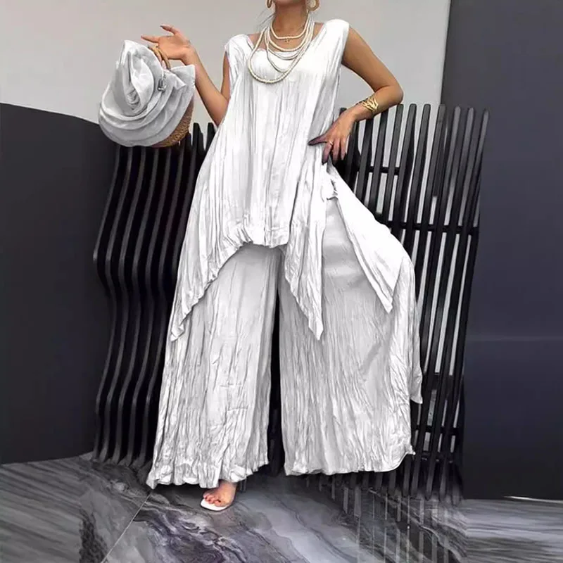 Fold Style Female Set Fashion Chic O Neck Sleeveless Blouse Tops&Wide Leg Pants Suit Casual Solid Irregular Set Women Two Piece