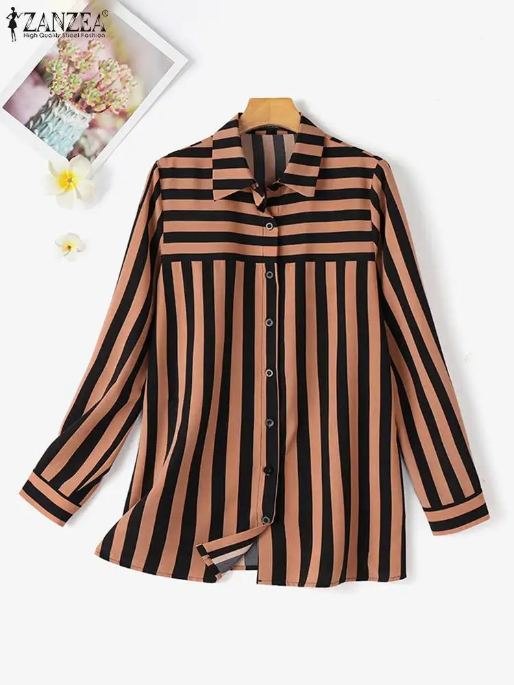 ZANZEA Women Casual Striped Shirts Muslim Fashion Patchwork Long Sleeve Turn-down Collar Camisas Autumn Elegant Islamic Blouses