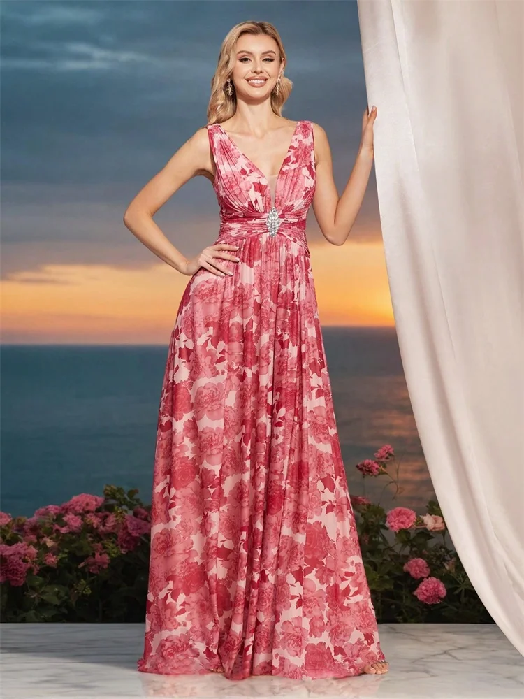 Lucyilove di lusso con scollo a V in chiffon rosa sexy backless abiti da sera convenzionali donne vestono abiti da festa da damigella d'onore abiti