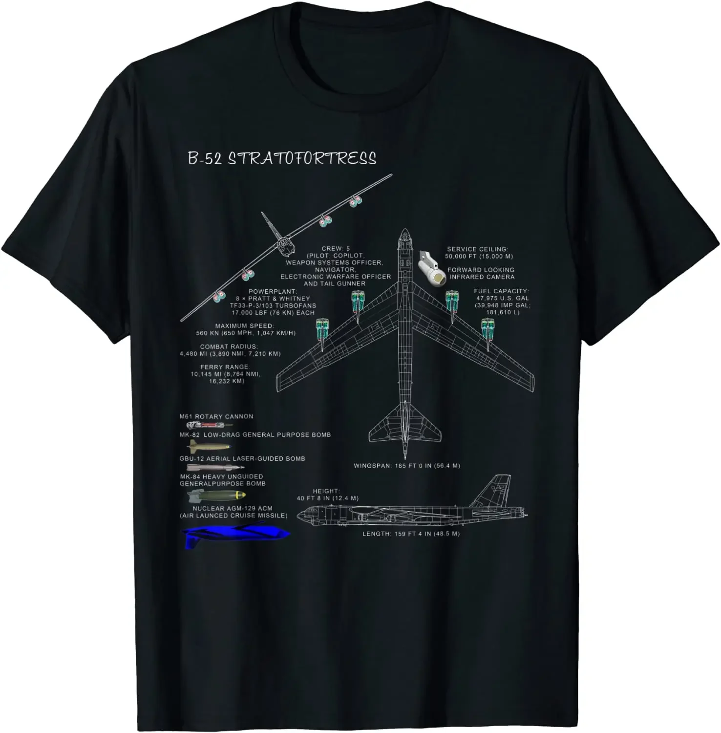 

B-52 Stratofortress Strategic Bomber Specs Blueprint T Shirt. 100% Cotton Short Sleeve O-Neck Casual T-shirts New Size S-3XL