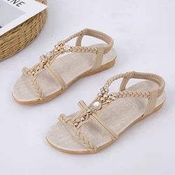 Summer New Flats Women's Rhinestone Knitting Round Toe Low Heel Beach Shoes Women's Sandals Pullovers