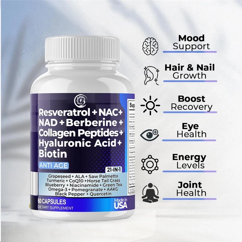 Resveratrol NAD+Aspartate Ácido hialurónico Uva y arándanos+Pibtido de colágeno NAC Suplementos para cabello, uñas, piel y articulaciones