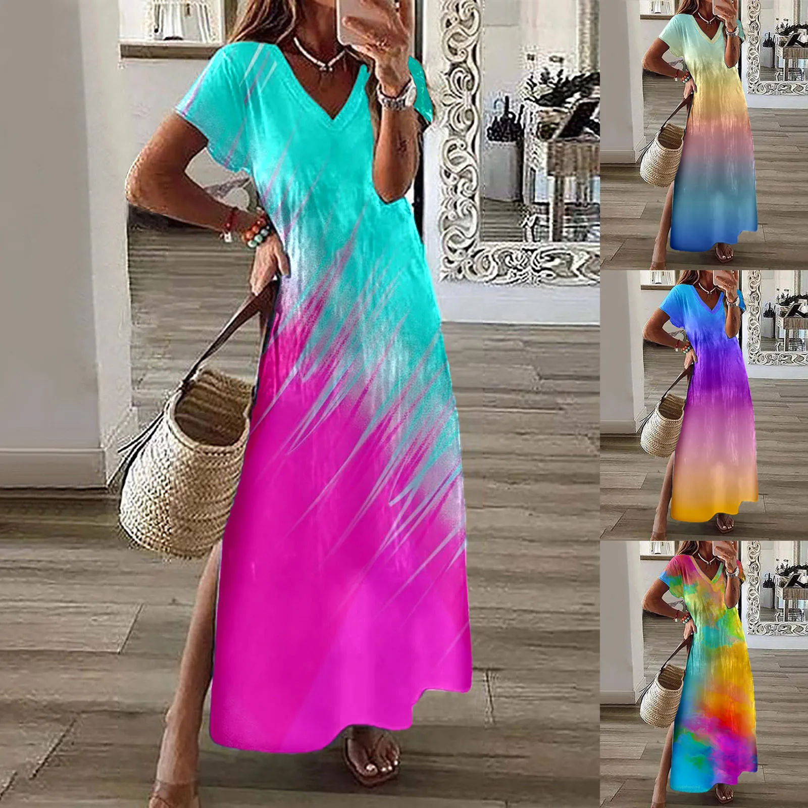 

Women Casual Fashion Regular V Neck Short Sleeved Dress Color Tie Dye Color Petite Ankle Length Summer Sundress For Women 2024