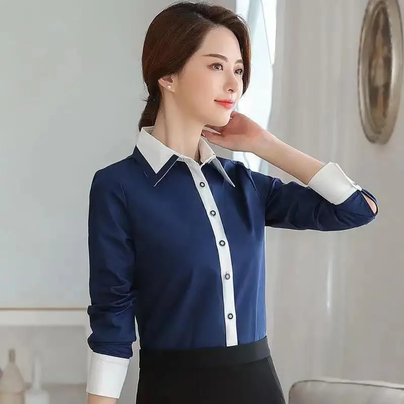 Fashion Contrasting Colors Slim Career Commercial Affairs Blouse Women Classic Long Sleeve Office Polo Collar Lady Chiffon Shirt