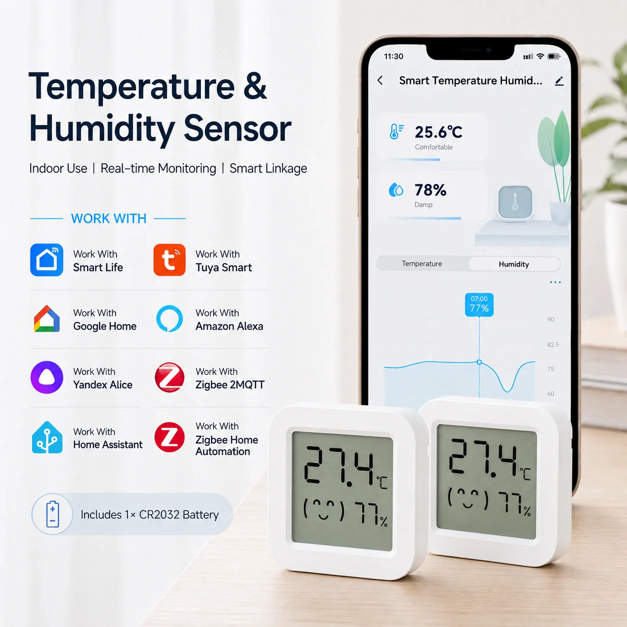 Zigbee Temperature Humidity Sensor Zigbee 3.0 Sensor Work with Smart Life Home Assistant Yandex Alexa ZHA Zigbee2MQTT