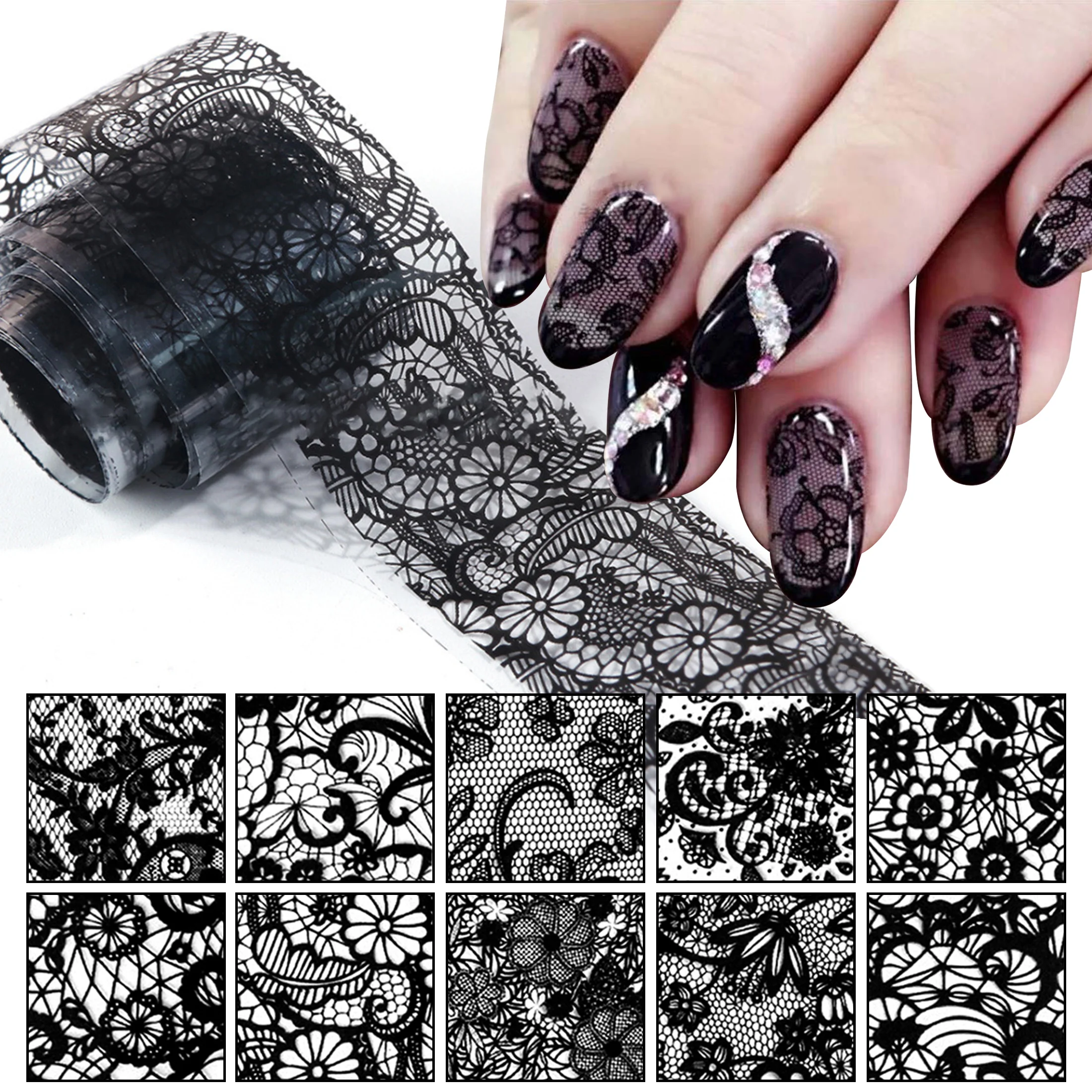 2.5*20cm 10 Rolls New Black White Lace Transfer Foil Nail Art Sexy Full Wraps Flower Glue Adhesive DIY Manicure Styling Tools