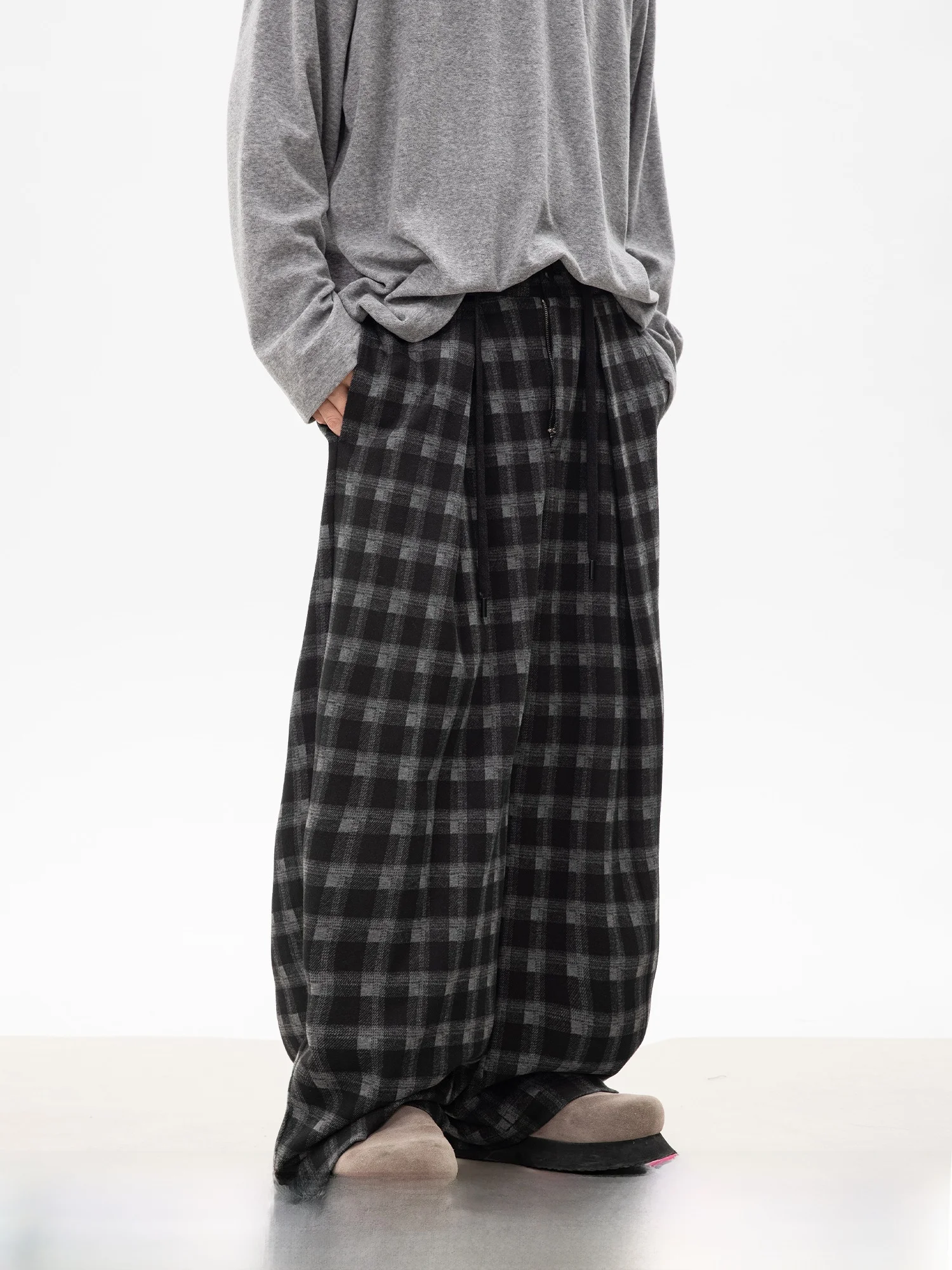 

WPP Men's Loose Straight Leg Casual Trousers Fce Lined Plaid Pants Wide Leg Autumn Winter Faion Brand Couple's Jeans