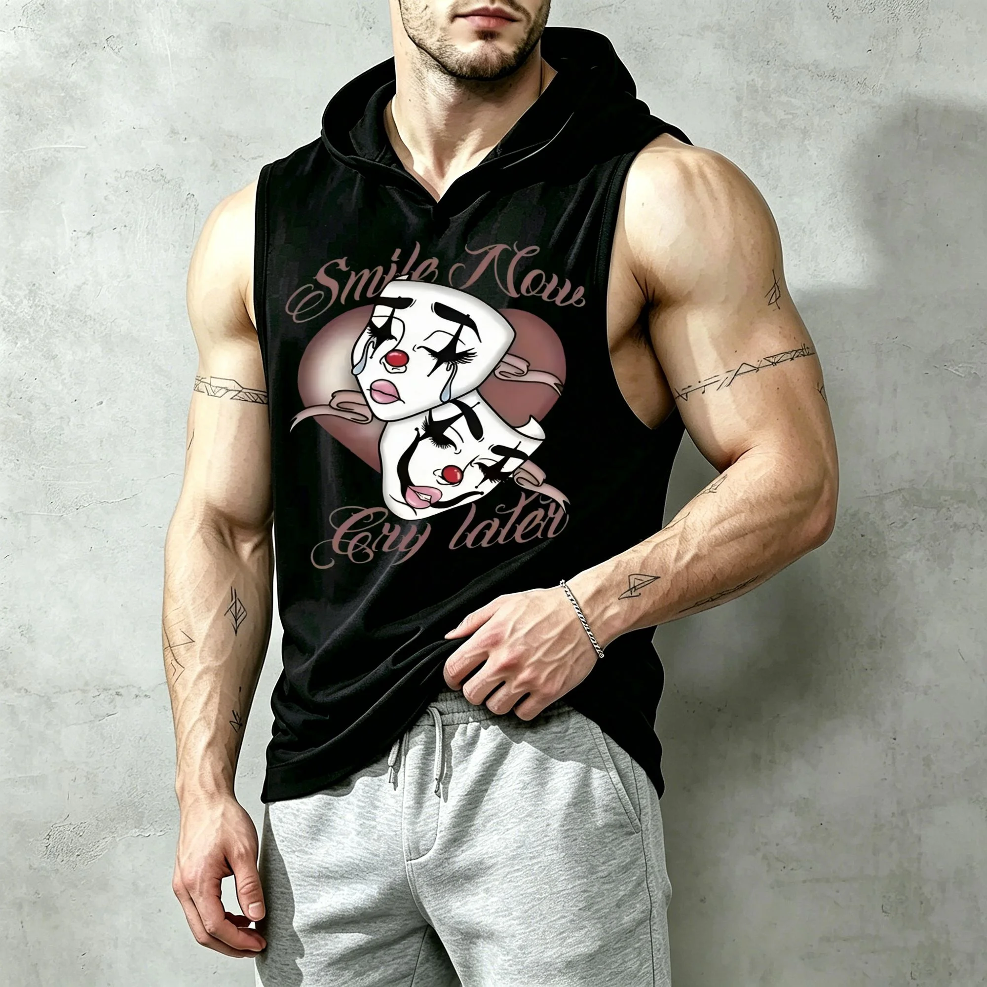 Men Sleeveless Hooded Tank Top Smile Now Cry Later Tragedy Comedy Mask Graphic Black Hood Vest, Breathable Muscle Fit Gym Streetwear Sleeveless Hood Shirt