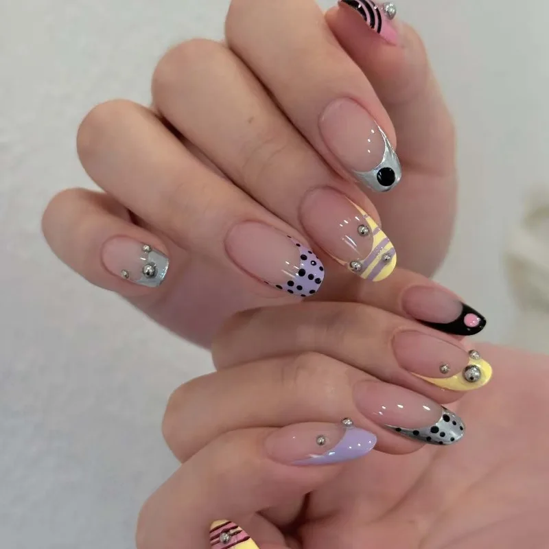 24PCS Sweet Colorful Almond Press on False Nails with Glue Purple Yellow French Black Polka Dots Fake Nails Sweet Cool Nail Tips