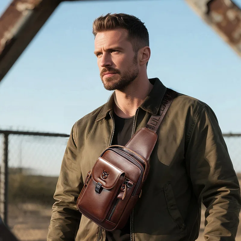 Large capacity real leather chest bag one shoulder multi-pocket large capacity cross-body men's handheld flat chest bag