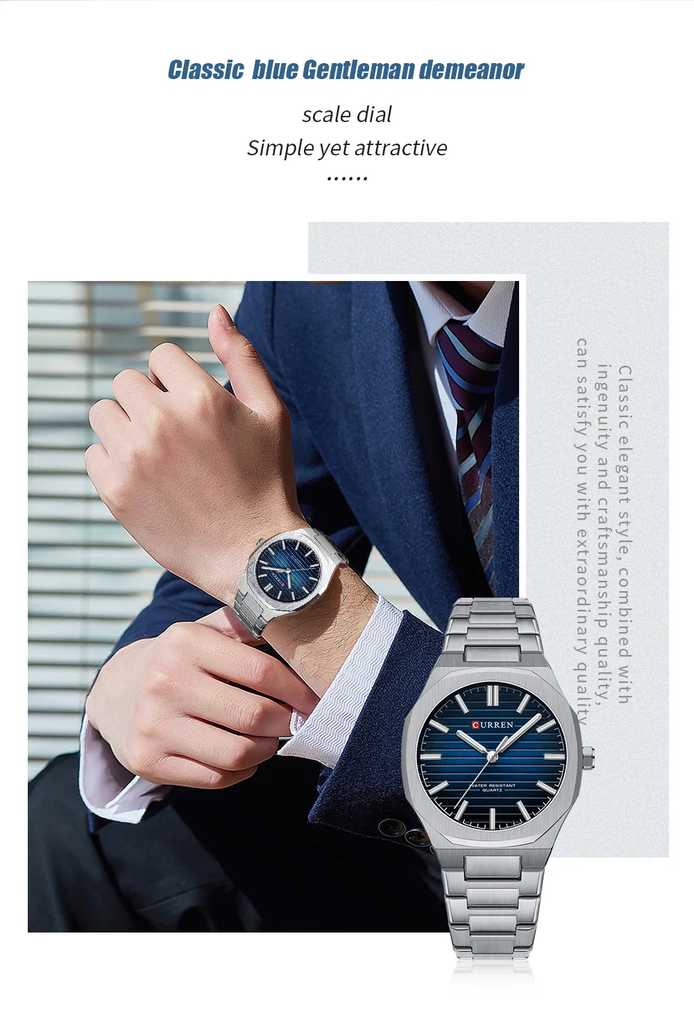 CURREN Minimalistische Herrenuhr mit Edelstahlarmband und Leuchtzeigern, klassische Business-Quarz-Armbanduhr für Männer – Detail 2