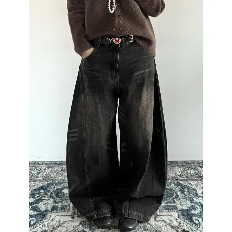 

Women Vintage Black Baggy Jeans 2025 Autumn Y2K Straight Wide Leg Denim Pants American Retro Streetwear Loose Retro Casual Pants