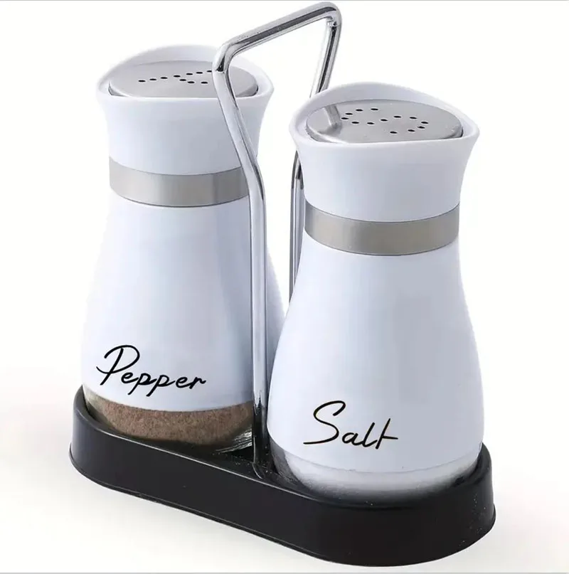 Kitchen Glass Spice Bottle Adjustable Refillable Salt and Pepper Shakers 2pcs Set with Shelf Spice Dispenser With Pour Holes