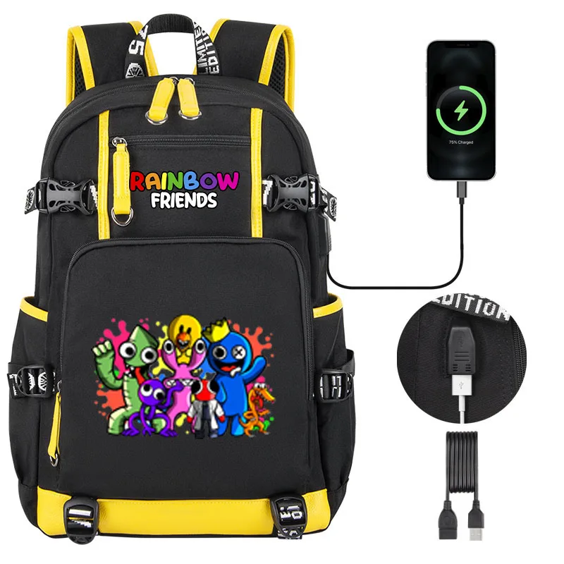 Imagem -06 - Mochila Escolar com Desenhos Animados para Menino e Menina Mochila de Grande Capacidade com Usb Arco-íris Amigos para Adolescente e Estudante