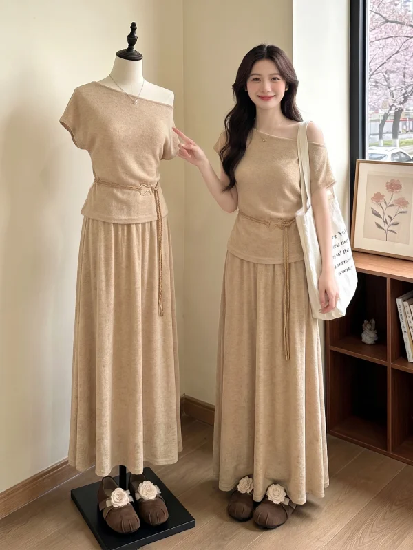 

Summer Large Size Women's Fashion Set Loose Feel Waist Cinched Three Piece Set Long Skirt Short Sleeve One Shoulder Top