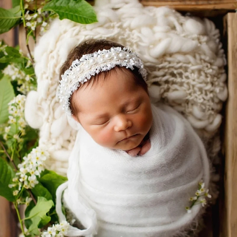 Newborn Photography Props Pearl Baby Headband Handmade Knit Pearl Hair Band for Princess Baby Studio Photo Shooting Accessories