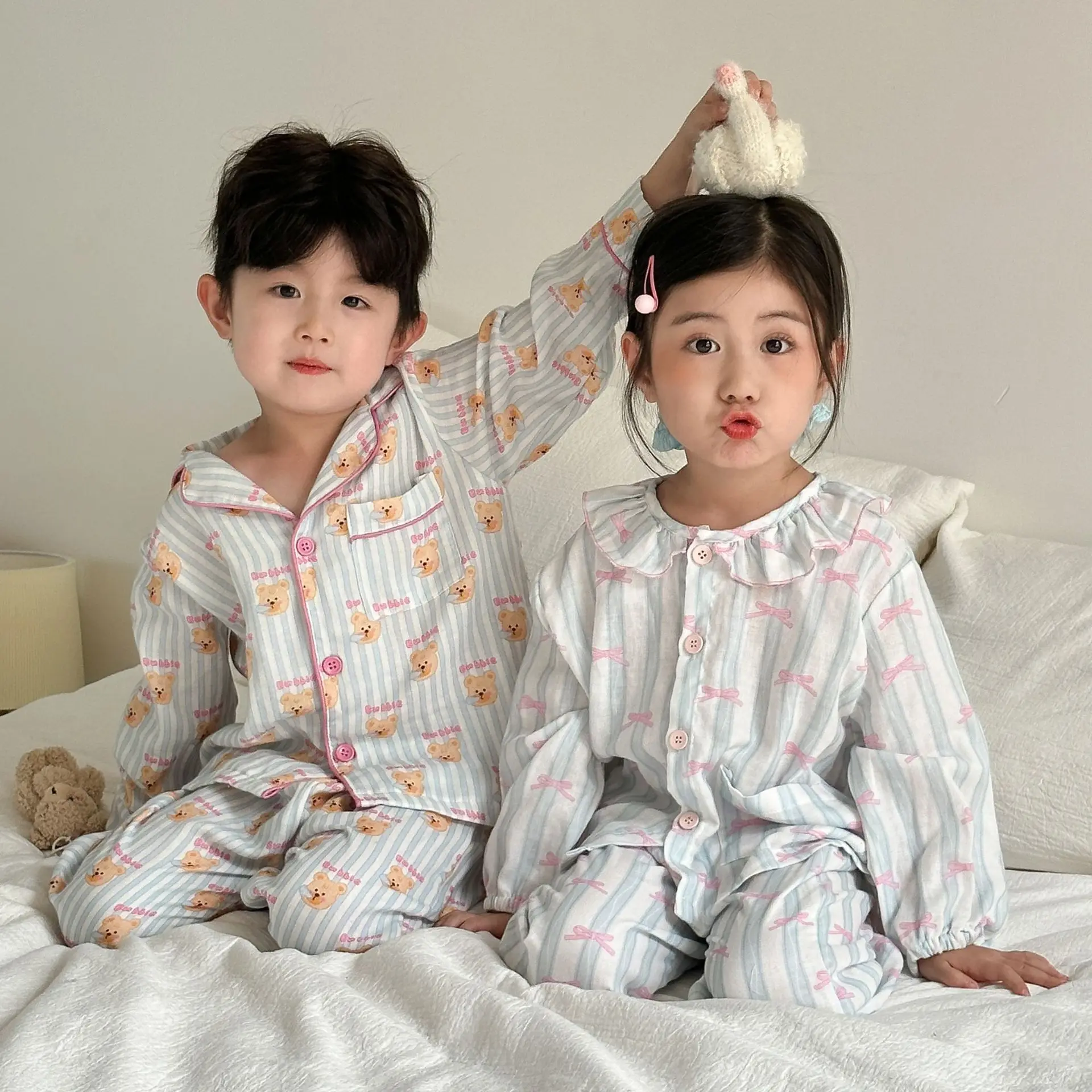 

Toddler Girls Autumn Two-piece Suit Cartoon Printed Turn Down Collar Baby Girls Sets Striped Single Breasted Kids Baby Girls