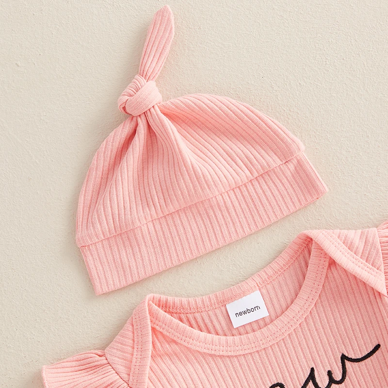 Baby Girl Fall Outfits Letter Embroidery Long Sleeve Romper Long Pants Headband Hat 4Pcs Clothes Set