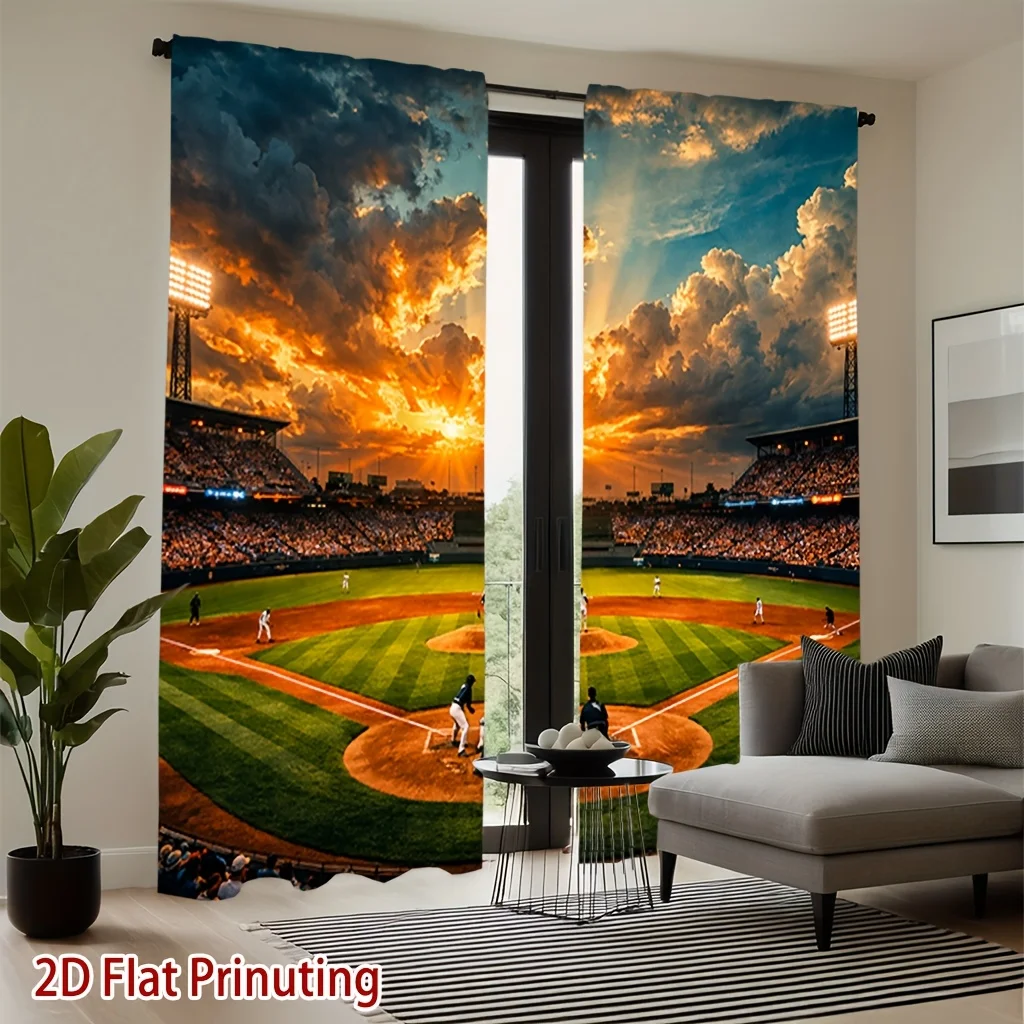 Baseball Stadium Sunset Curtain, Sports Field Print Drape, Game Day Atmosphere Window Treatment, Green Grass Decor, Man Cave