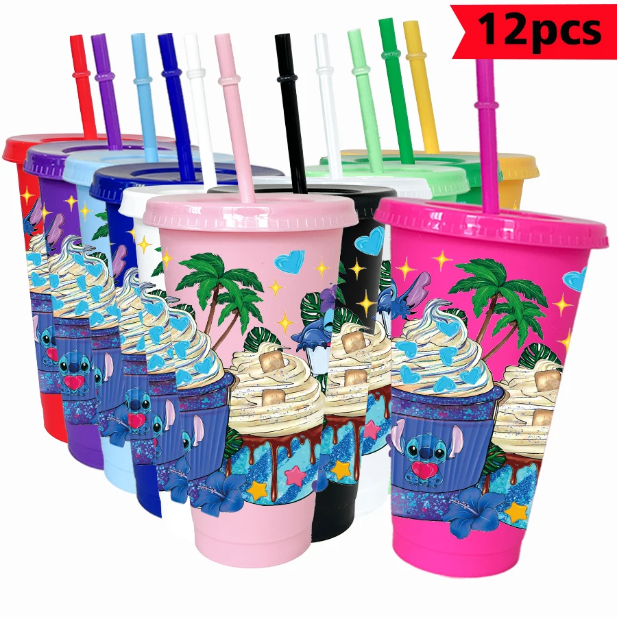 

12 шт./упак. Disney Stitch мороженое 26 унций красочный пластиковый стакан для дня рождения, питьевая посуда, чашка для сока, кофе