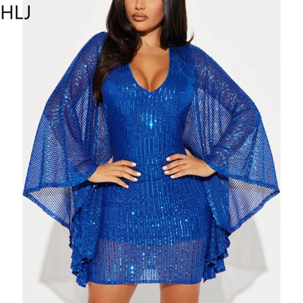 

HLJ Fashion V Neck Sequin Irregular Batwing Sleeve Mini Dress Women Hollow Perspective Slim Party Club Vestidos Female Clothing