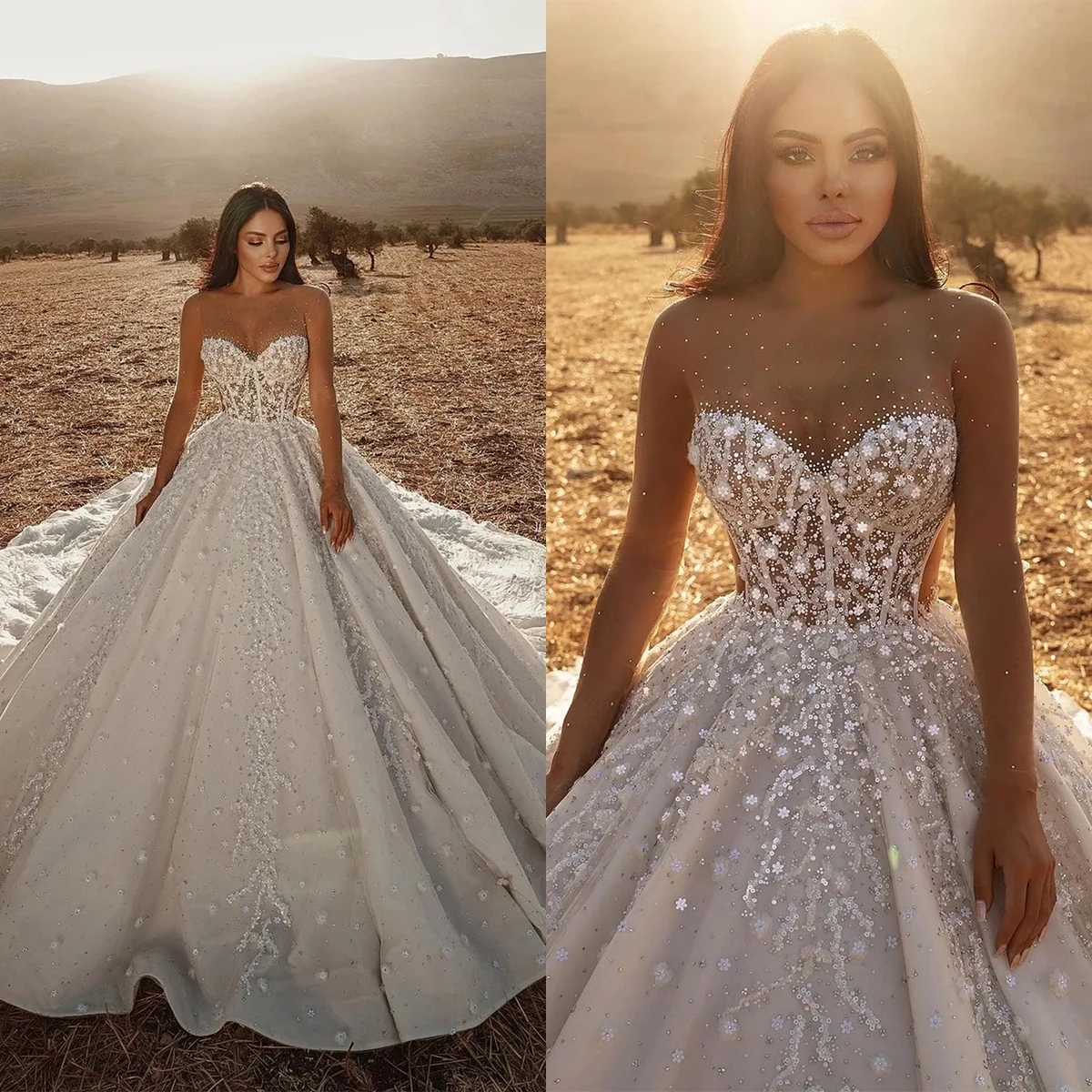 Charming Sweetheart Ball Gown Wedding Dresses Luxury Sleeveless Applique Floral Bridal Gowns Glitter Sequined Robe De Mariée