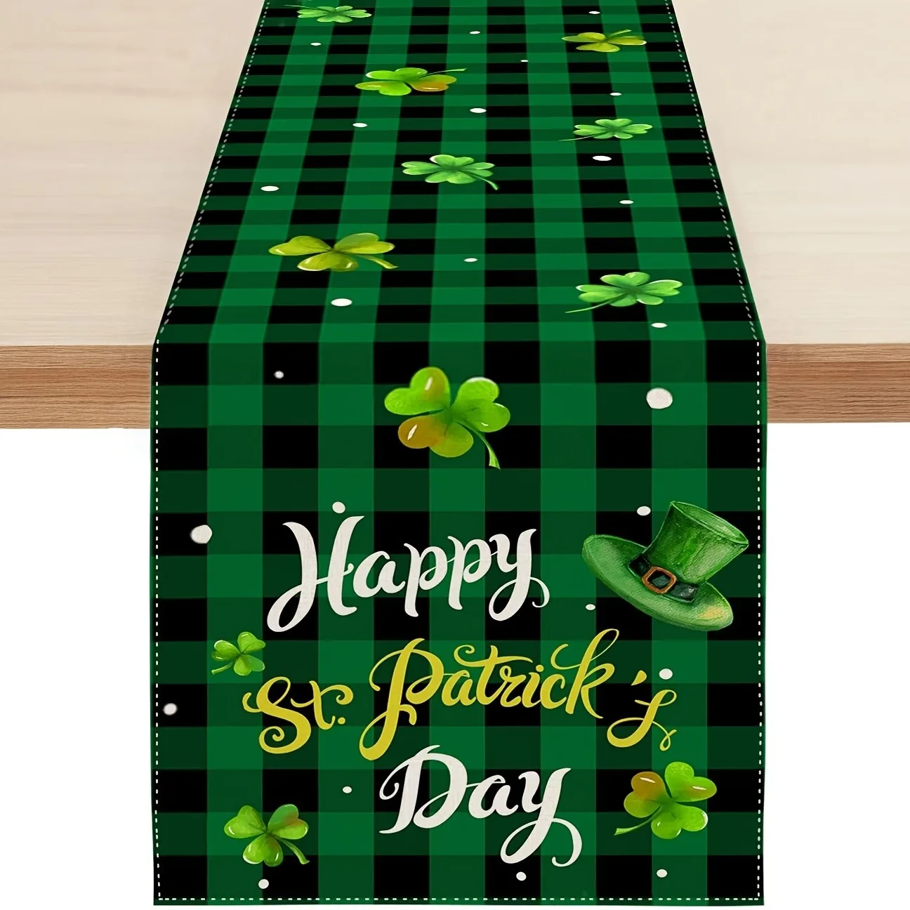 

St. Patrick's Day Table Runner Three Leaf Clover Grid Green and Black Farmhouse Decoration, Gold "Happy St. Patrick's Day" Text