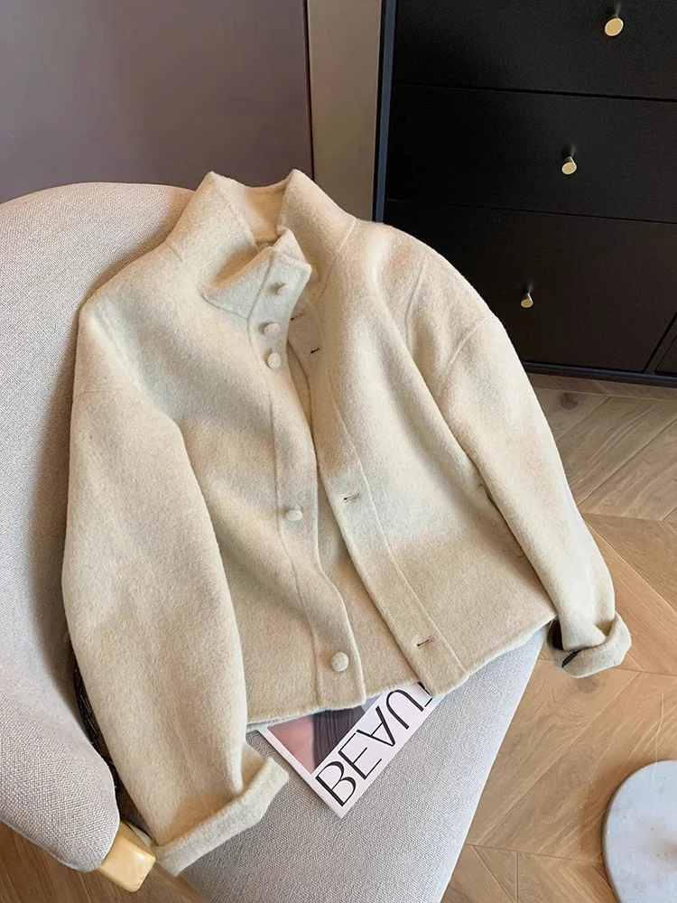 

Korean Sle Simple High-End Color Stand Collar Woolen Coat Men Women Autumn Winter Lazy Loose Slimming Open Cardigan Top