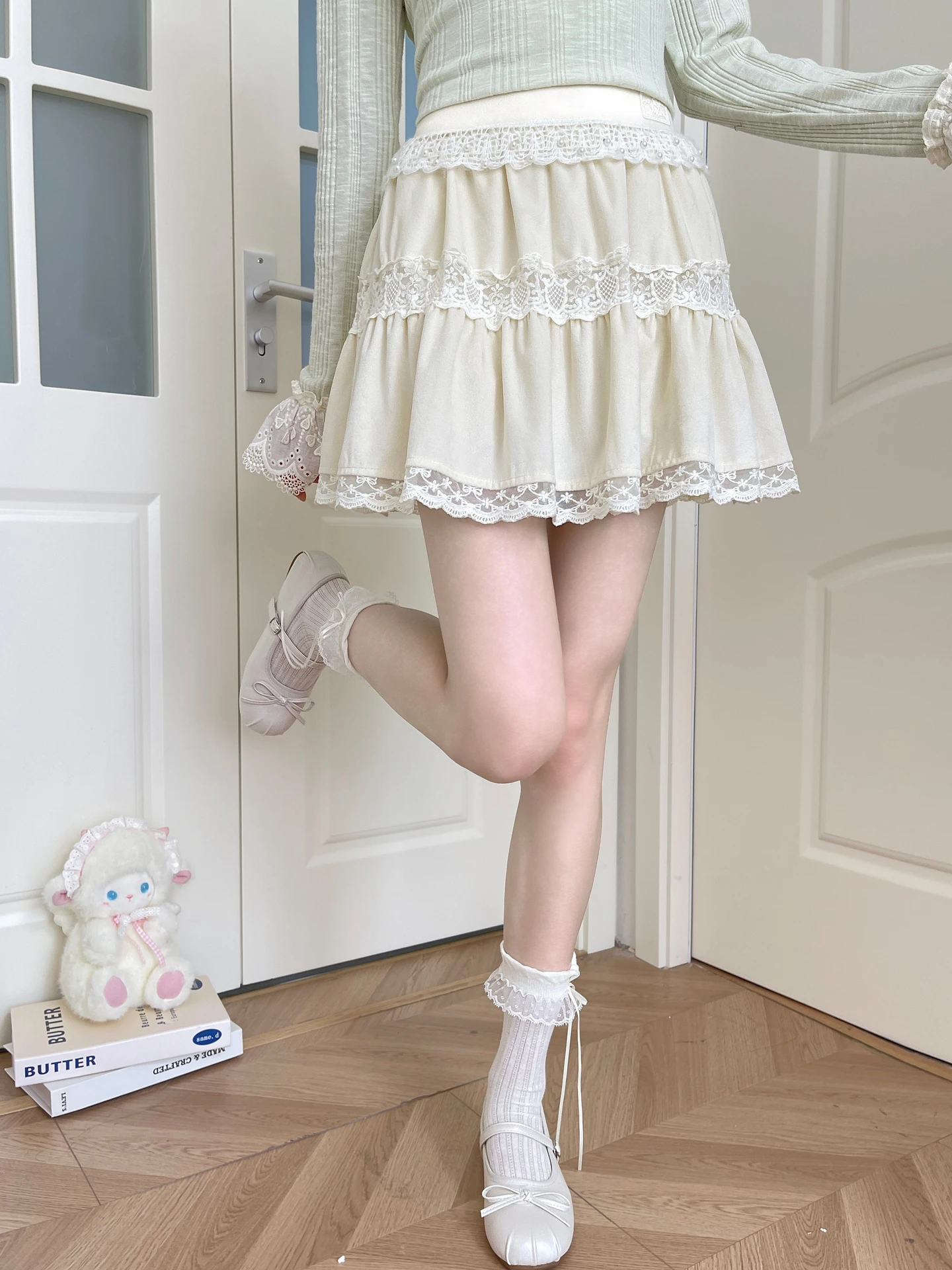 High Waist Lace Short Skirt Cake Style Embroidered Label Sweet College Girl Breathable Skin-Friendly Polyester Fiber A-Line S...