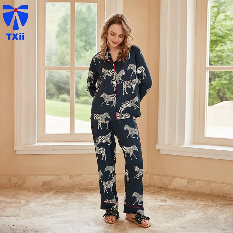 【 Dark Blue Zebra】comfortable Ice Silk Pajamas Women High-end Sense ins Style Lapel Spring/Summer Long Sleeve Home Suit 20