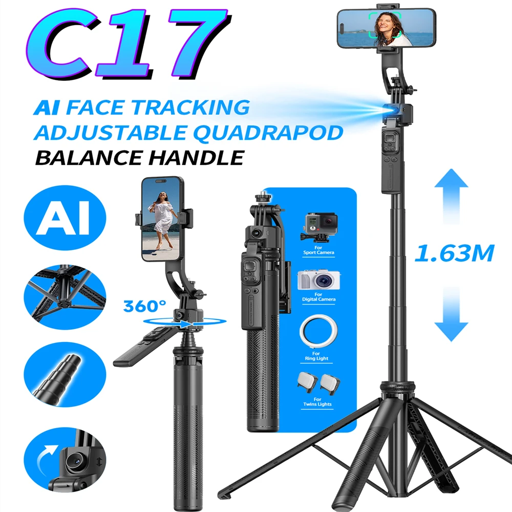 FGCLSY Stabilizzatore cardanico per treppiede selfie 5 in 1 per telefono cellulare 360 ° Tracciamento AI con rotazione automatica Quadrapod e telecomando