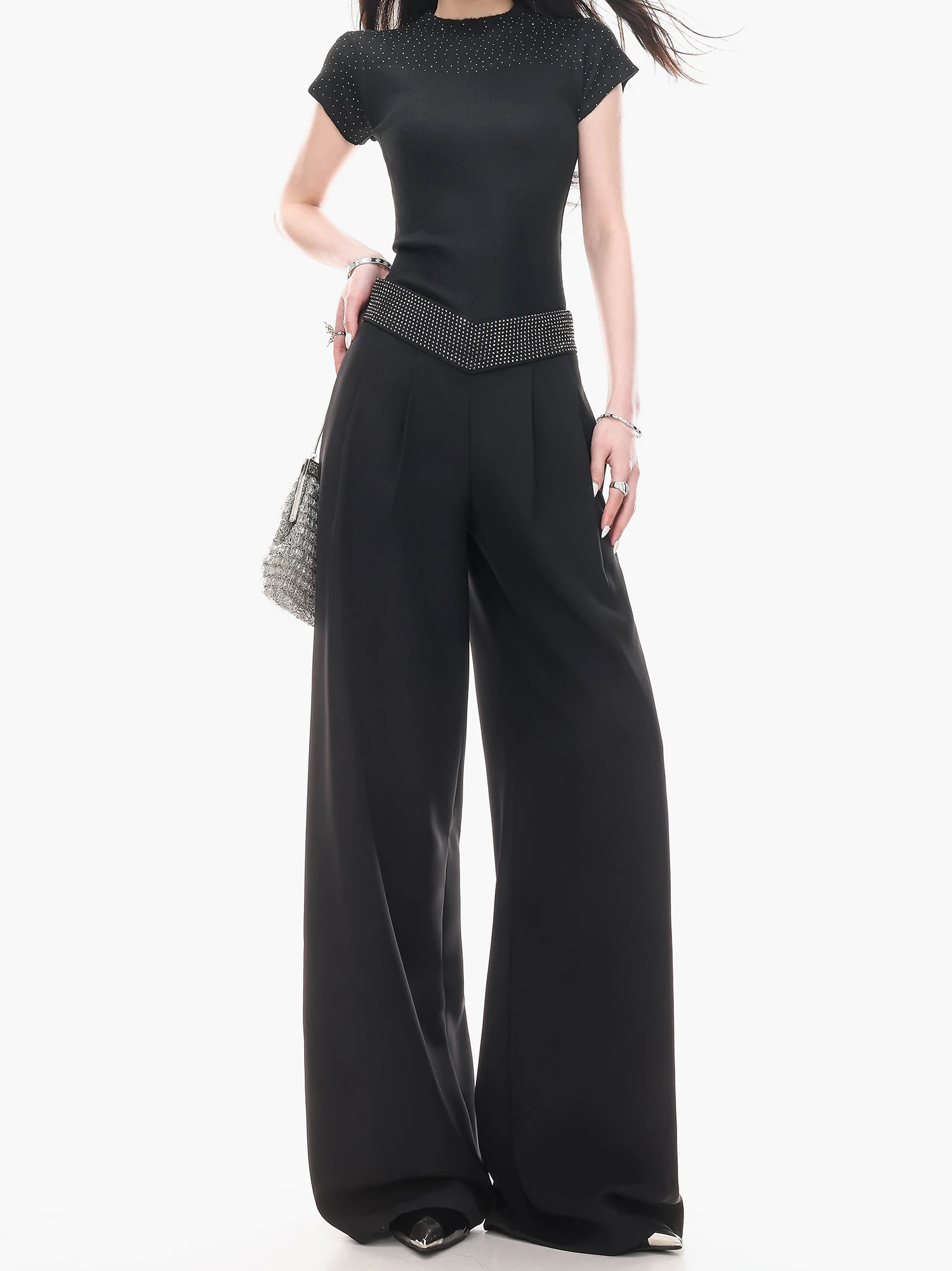 

ABWLR Hepburn Drape Original Весенне-летние черные брюки с широкими штанинами и стразами для женщин, повседневные универсальные драпированные брюки, визуально стройнящие фигуру
