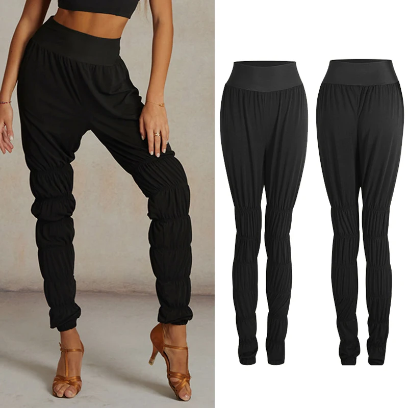 

2026 ZYM Женские брюки для латиноамериканских танцев (ча-ча-ча, румба, самба), тренировочная одежда, эластичные, с завязками на икре, черные, DNV26584