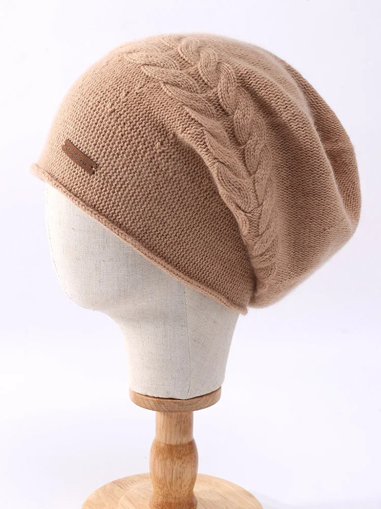 Britain Style Cable Women 35% Cashmere Beanies Simple Solid Ribbed Hem Blends Soft Knit Hat Wool Autumn Winter Warm Skull Caps — zdjęcie 2