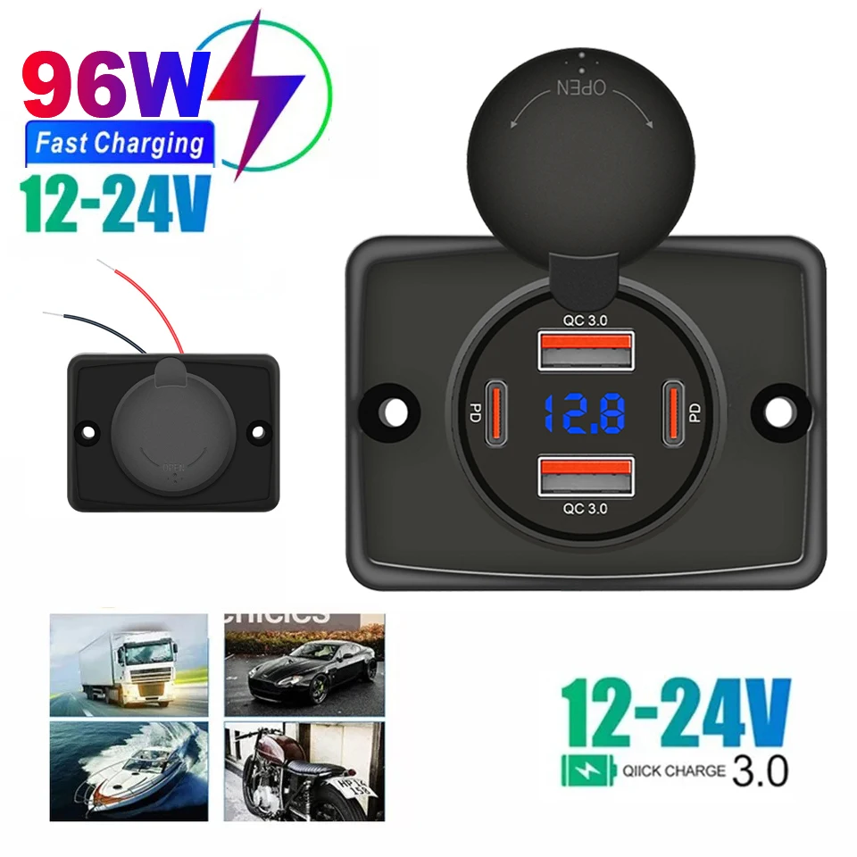 

Автомобильное зарядное устройство 12 В/24 В, двойной USB-адаптер 18WQC3.0 + 36WPD, быстрое зарядное устройство, адаптер питания для автомобиля, грузовика, лодки, квадроцикла, автофургона
