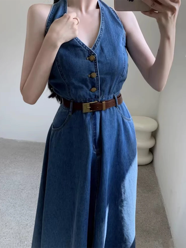 Gagarich Fashion Korean Chic Summer Retro Sexy V-neck Single Breasted High Waisted Slim Open Back Hanging Neck Denim Dress