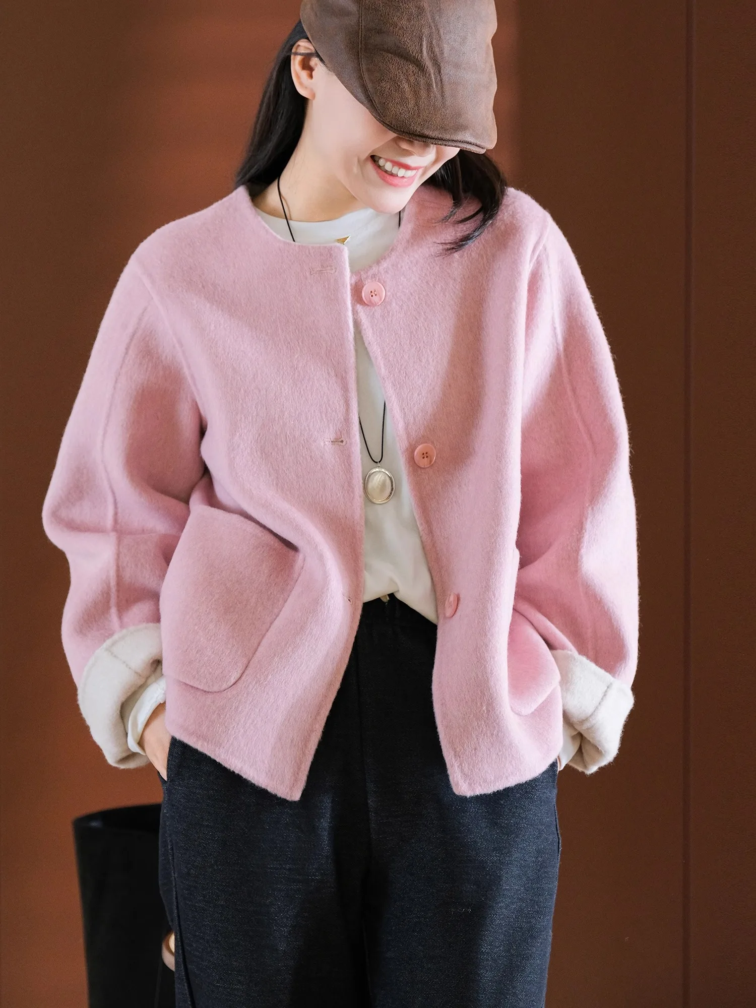 

Двусторонний шерстяной пальто-котонг однотонного цвета, новая модель, с укороченным рукавом, для повседневной носки, дизайн для поездок на работу