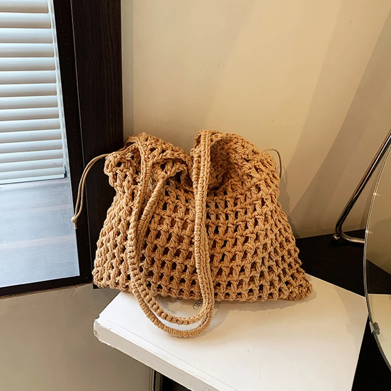 Summer Fashion Knitted Shoulder Bags Hollow Out Weaving Tote Bag Large Capacity Beach Handbags Bohemian Hand-Woven Underarm Bags