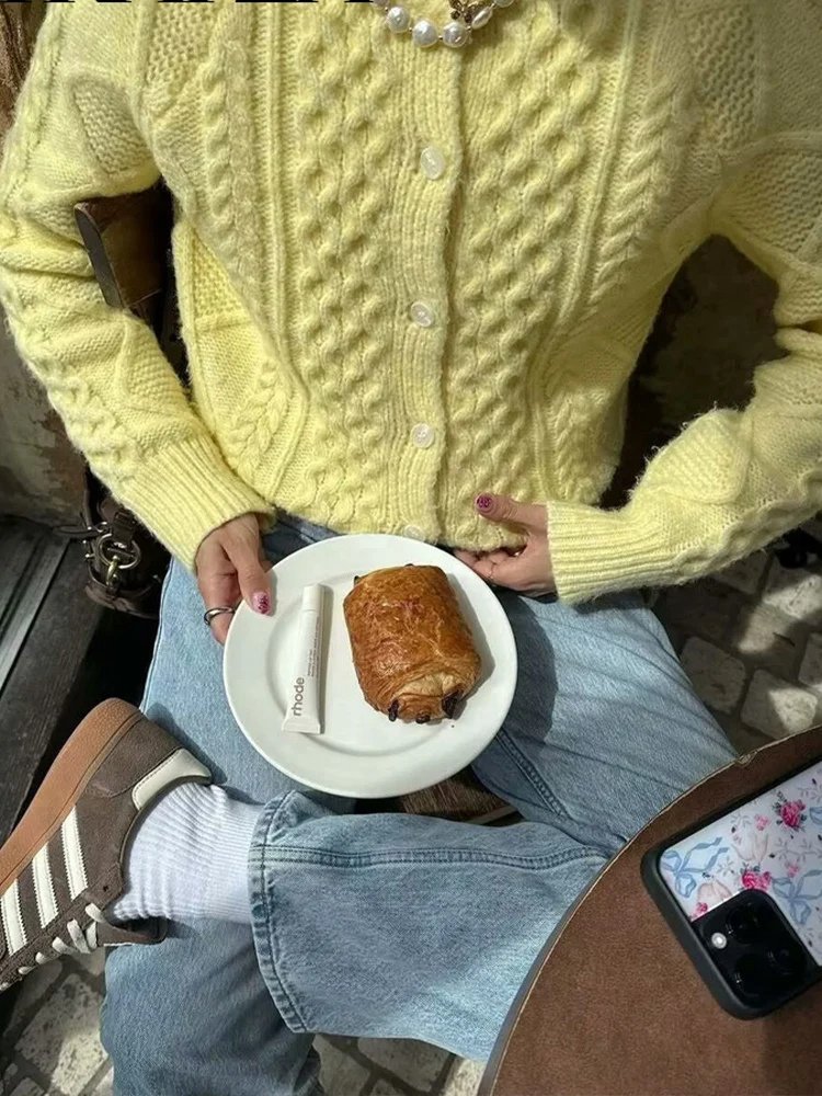 HH mode femmes jaune doux tricoté Cardigan 2025 femme à manches longues col rond boutons pull dame paresseux tricots manteau ﻿ ﻿ ﻿
