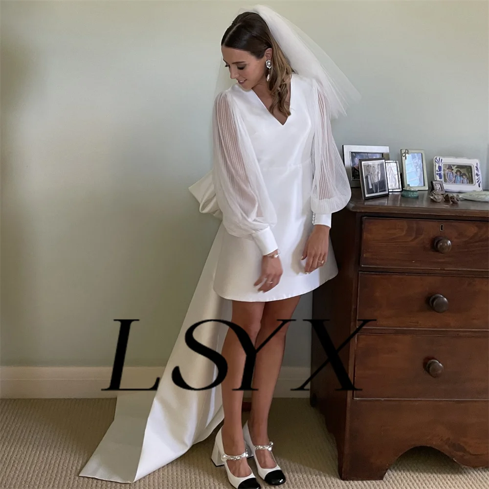 LSYX V-Neck Illusion Long Puff Sleeves Satin Mini Wedding Dress Big Bow Open Back Above Knee Short Bridal Gown Custom Made