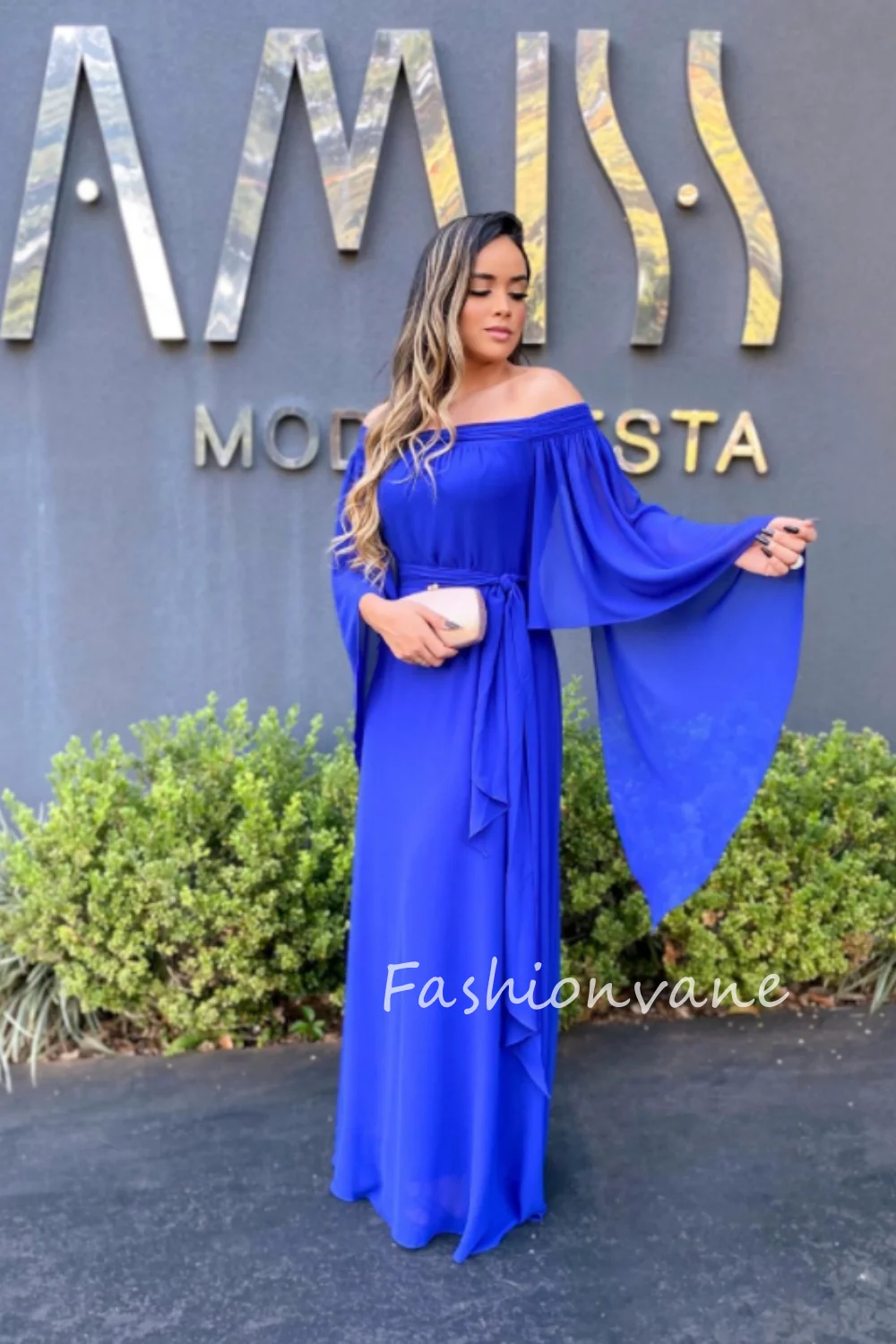 Fashionvane 2024 Customized A-Line Off Shoulder Long Sleeves Chiffon Pleated Floor Length Long Prom Dress Evening Dress