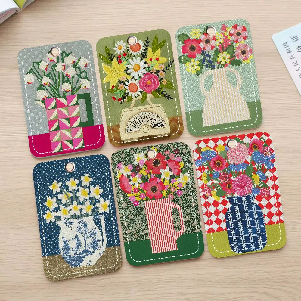 

Pink Flower Market Vase Floral Plant Badge Holder Keychain For Business Work Card Holder Student Card Protective Case Bus Card