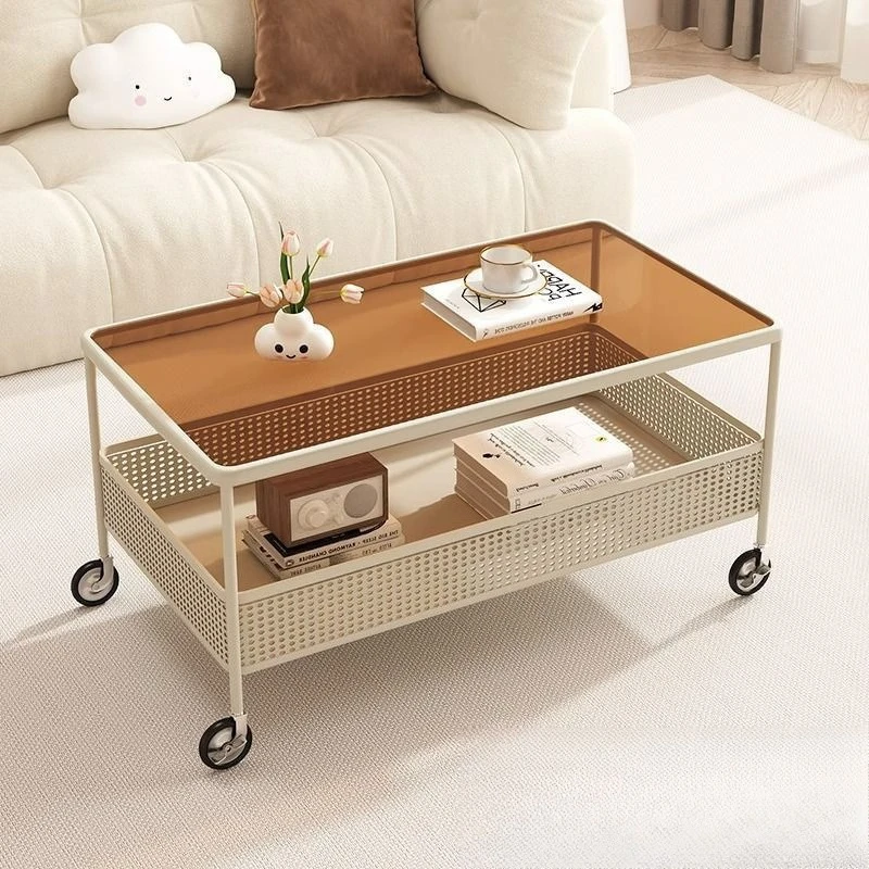 Cream wind rectangular movable glass coffee table simple modern small apartment living room light luxury