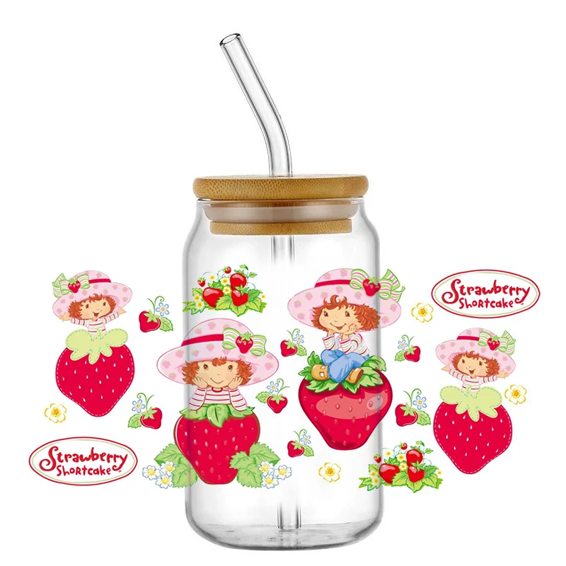 Sweet Strawberry Girl UV DTF Wraps Cute Berry & Floral Stickers for 16oz Glass Cans Waterproof DIY Transfer Decals