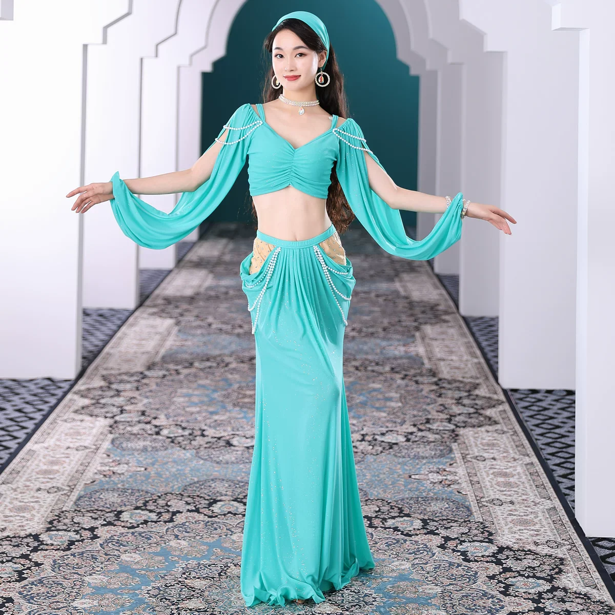 Group Dance Women Belly Dance Costume Stretchy Flare Sleeves Top Oriental Dance Training Outfit Set Long Skirt Performance