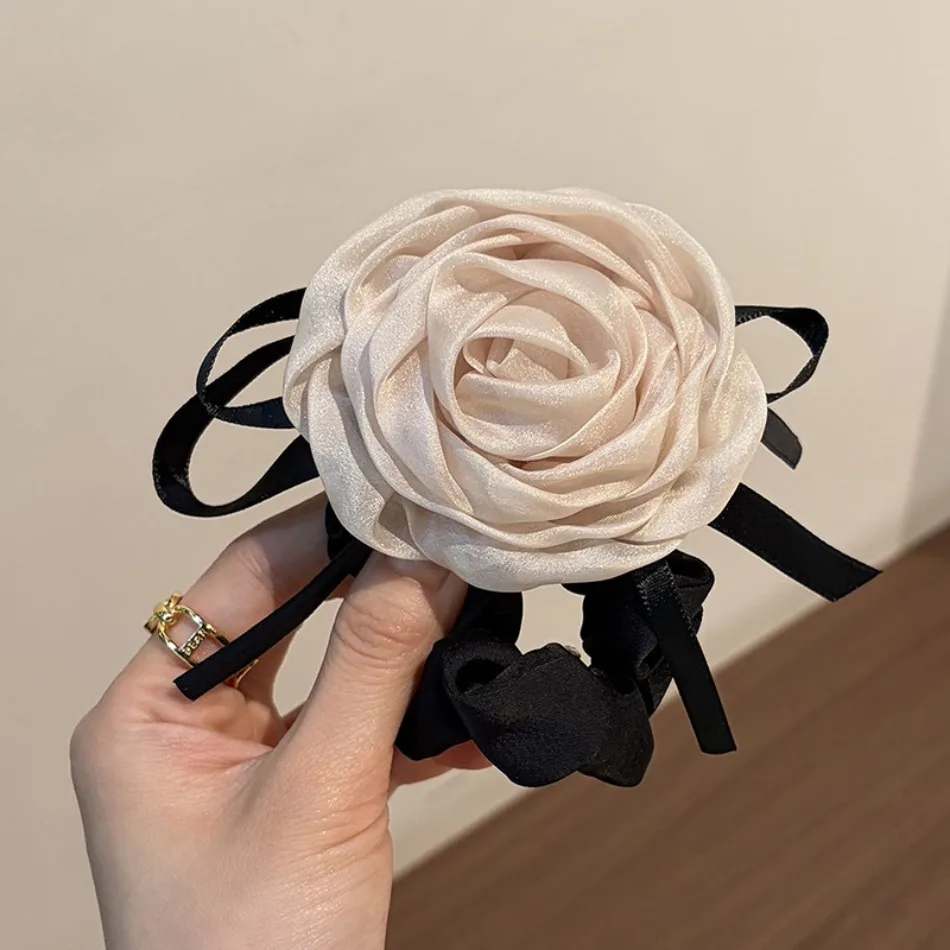

Girls Elegant Hair Tie French Bow Ponytail Holders Satin Scrunchies Organza Rose Stretch Rubber Band Vintage Hair Accessory HP01