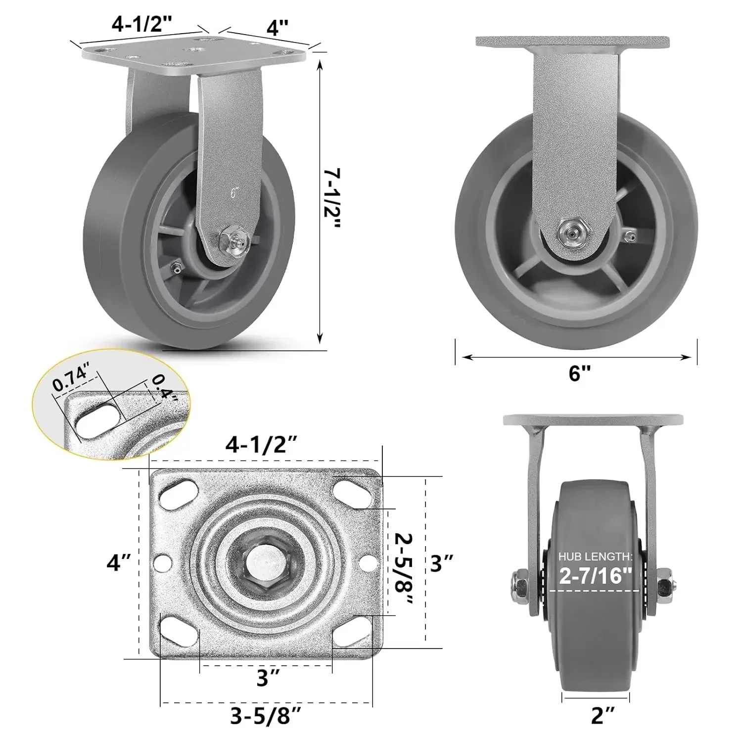 

6-дюймовые усиленные колеса-ролики, промышленные резиновые колеса, жесткие колеса-ролики с креплением на пластинах для тележек и гостиниц (2 жестких)