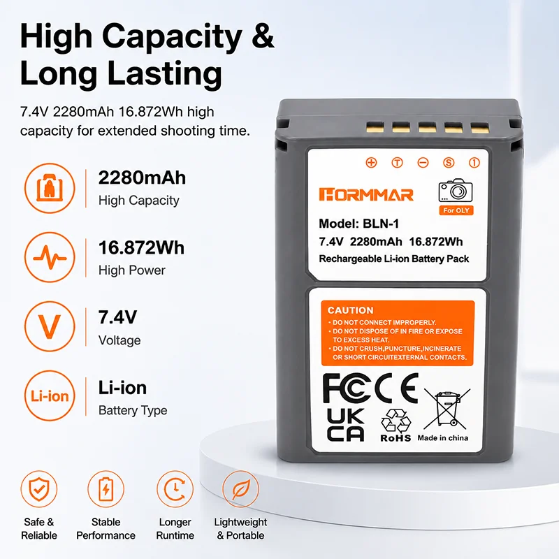 BLN-1 Battery 2280mAh Replacement for Olympus OM-D E-M1 E-M5 E-M5 Mark II PEN-F E-P5 High Capacity Rechargeable Camera Battery