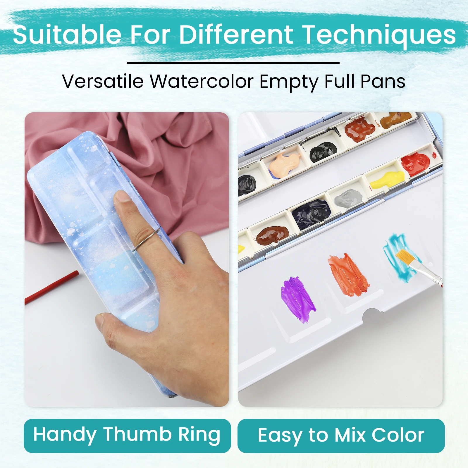 Watercolor Palette Empty w/Removable Paint Tray & 14PCS Empty Watercolor Full Pans - Travel Watercolor Palette with Lid