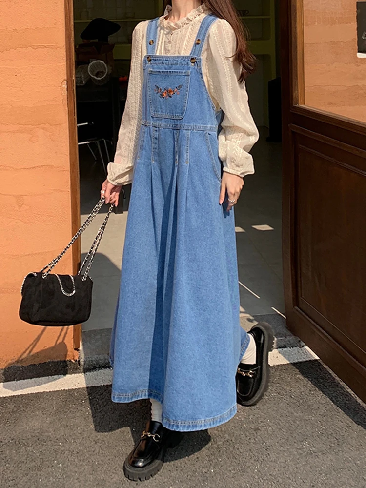 SML Women Loose Floram ricamo Denim Dress Ladies Vintage Denim Dress Female Spaghetti Strap Jeans Denim Dresses(78861